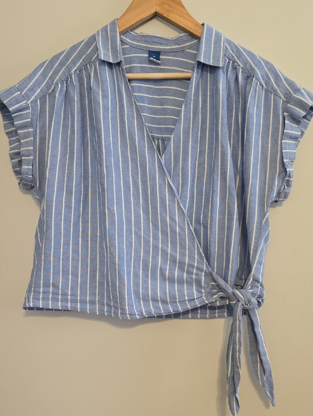 Old Navy Blue and White Striped Wrap-Front Blouse with Side Tie